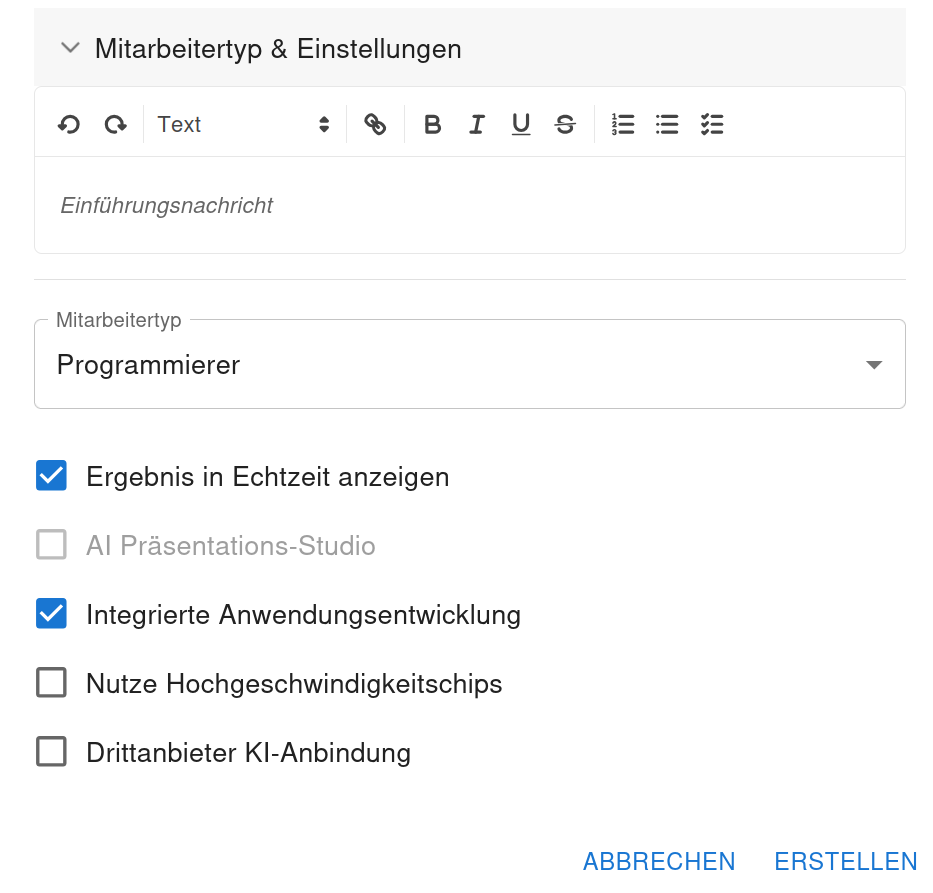 Checkboxen: Echtzeit-Anzeige und Integrierte Anwendungsentwicklung aktiviert